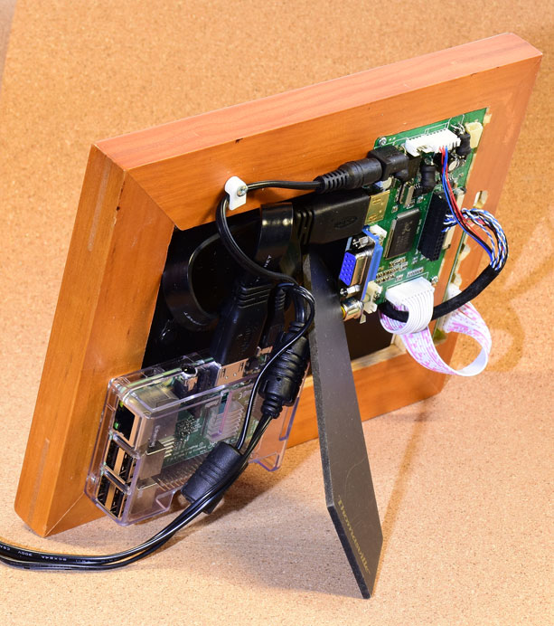 Picture frame with Raspberry Pi shows back of the personal dashboard