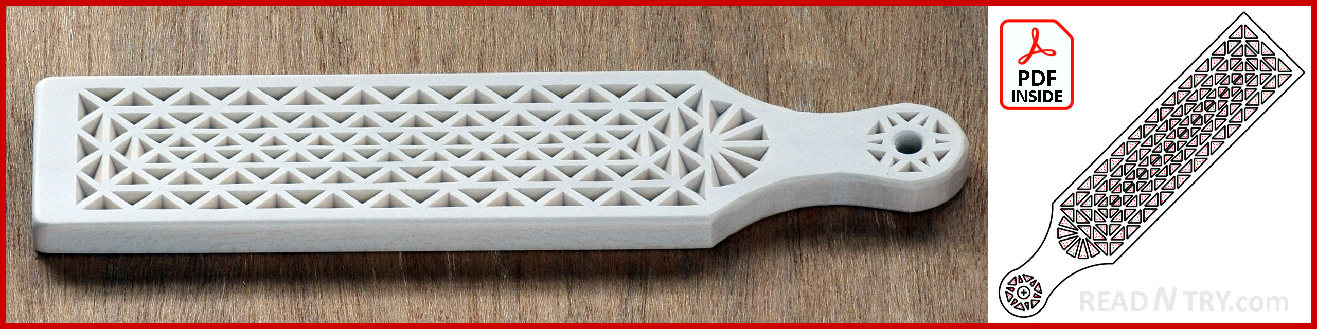A DIY strop with the chip carving embellishment features chips of various sizes. Made from 3/8" basswood board by Roman Chernikov at READ N TRY.com. The pattern is part of the free collection: useful chip-carving patterns.