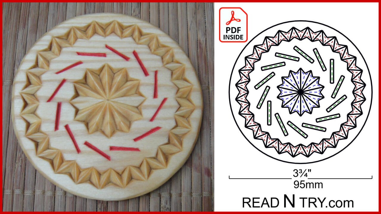 Collage showing a chip carving pattern next to a finished carved coaster, with a PDF icon indicating a downloadable pattern.
