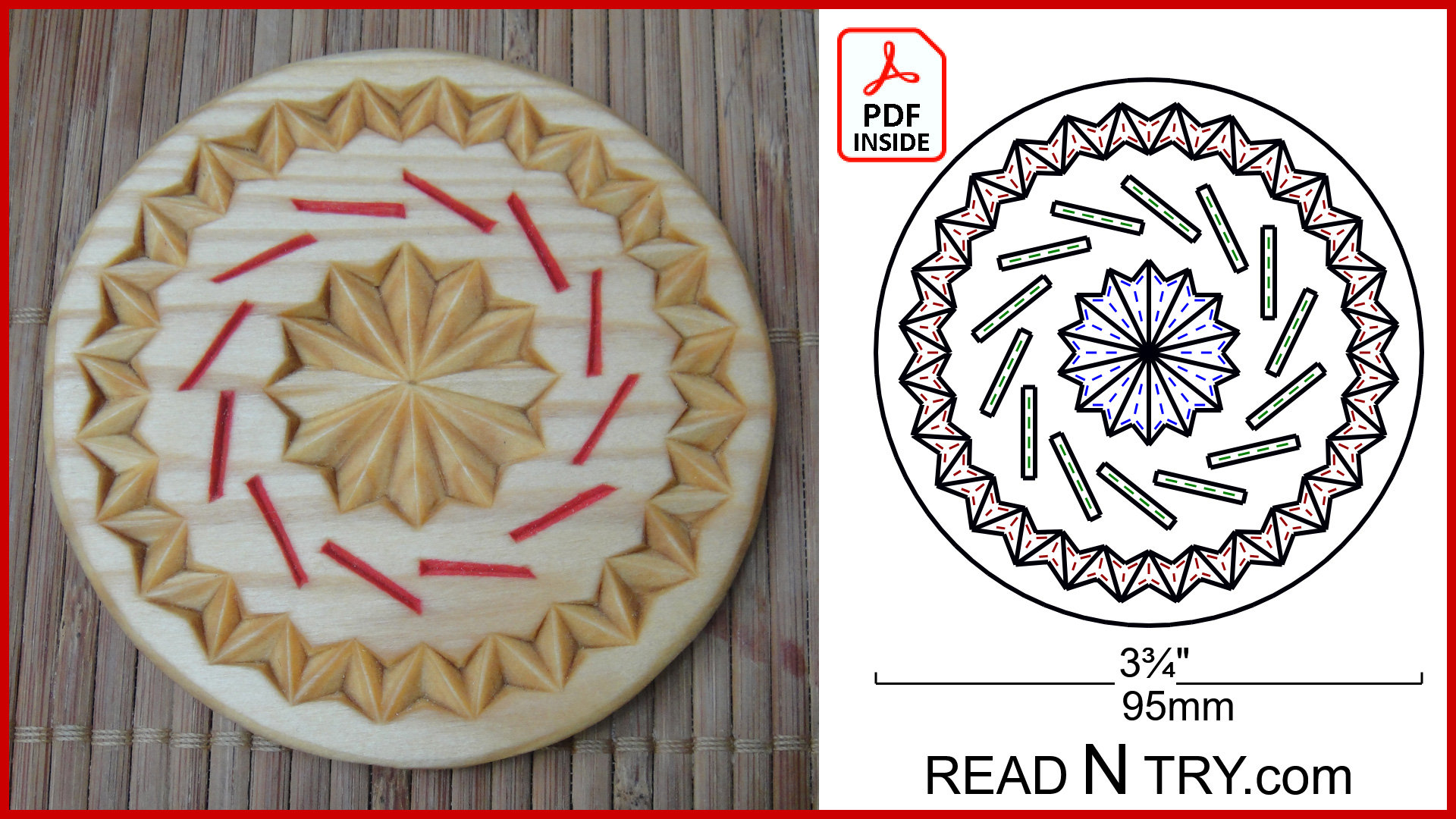 Collage showing a chip carving pattern next to a finished carved coaster, with a PDF icon indicating a downloadable pattern. The pattern is included in a "free and useful chip carving patterns" collection.