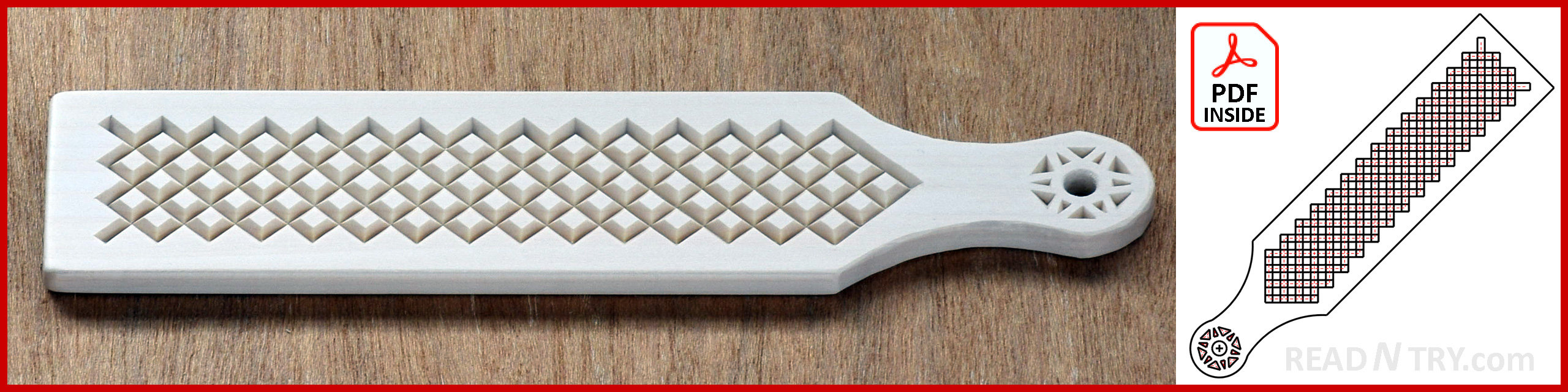 A DIY strop with the chip carving crossing lines pattern on one side. Made from 1/4" basswood board by Roman Chernikov at READ N TRY.com. The pattern is part of the free collection: useful chip-carving patterns.