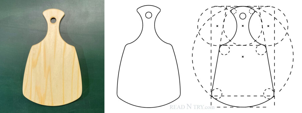 The same DIY cutting board shape in three different views: picture of a wooden board, cutout shape, shape with design lines.
