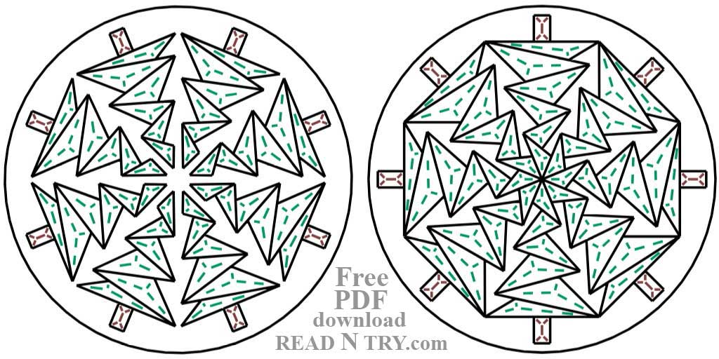 Two chip carving rosettes which are combinations of multiple fir tree chip carving patterns.