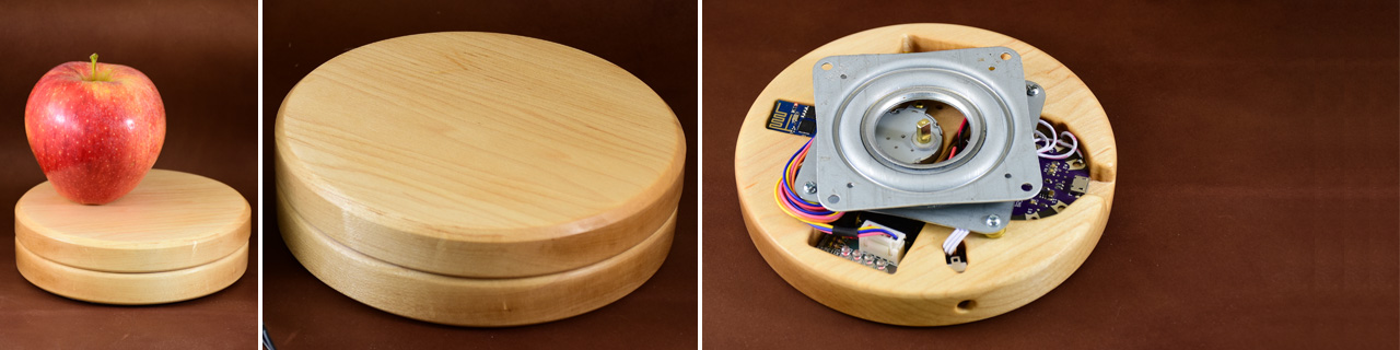 Combined pictures of the Lazy Susan: an apple on top, empty, and opened to see internal hardware.