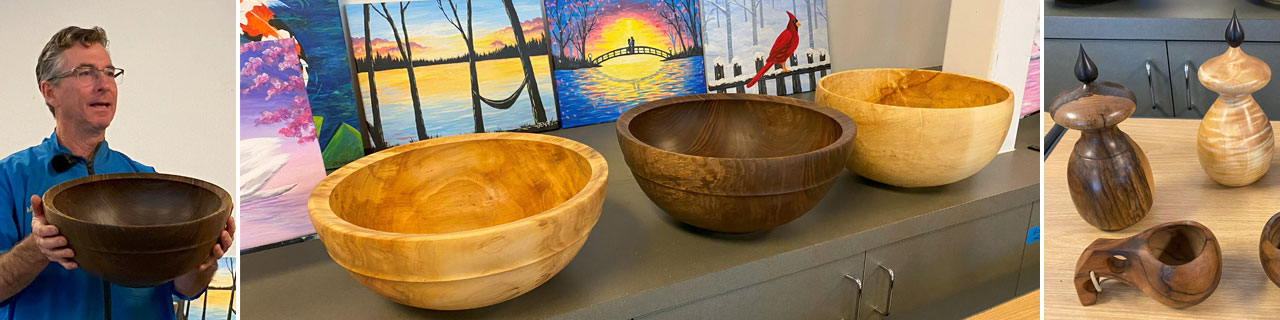 Set of pictures from Mike Mahoney's woodturning demonstration: Mike holding a large salad bowl, three salad bowls on a table, and pepper/salt shakers with a kuksa cup.