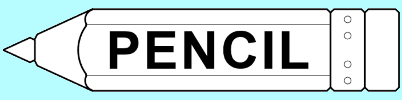 An adjustable name badge pattern for woodcarving featuring a pencil shape and a label that says "Pencil". The woodcarving pattern generator lets you create customized name badges of any length. Suitable for beginner carvers and whittlers.