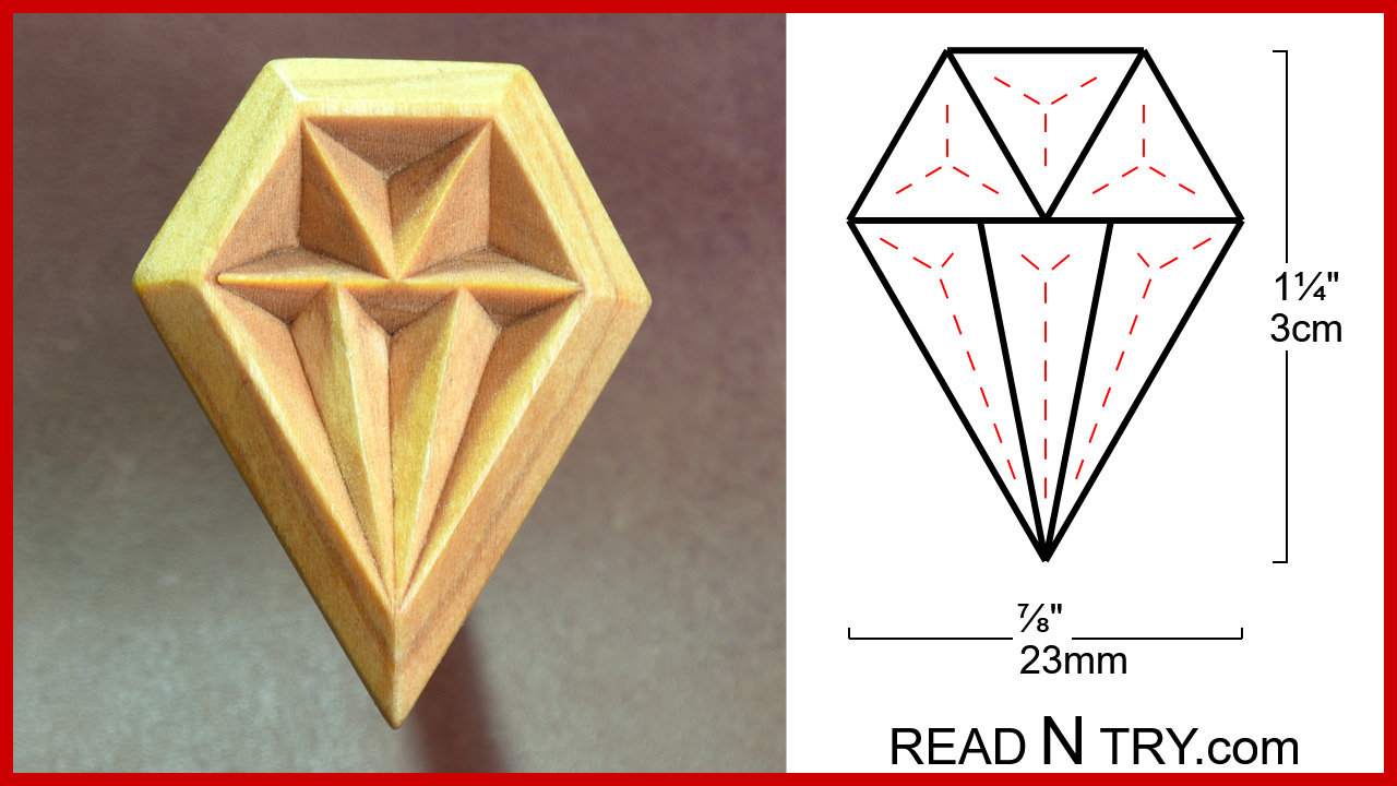 A diamond-shaped chip carved ornament is displayed alongside the "Real Diamond" chip carving pattern. This chip carving design is good for making fridge magnets, as it consists of only six chips, and it is part of my collection of free chip carving patterns.