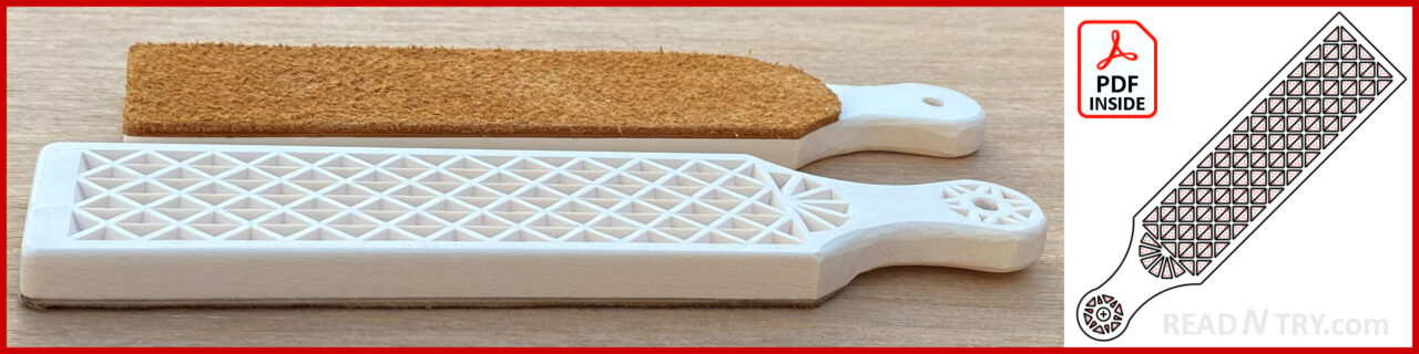 A DIY strop with a simple chip carving pattern on one side and leather on the other. Made from 3/8" basswood board by Roman Chernikov. Part of the collection: useful chip carving patterns.