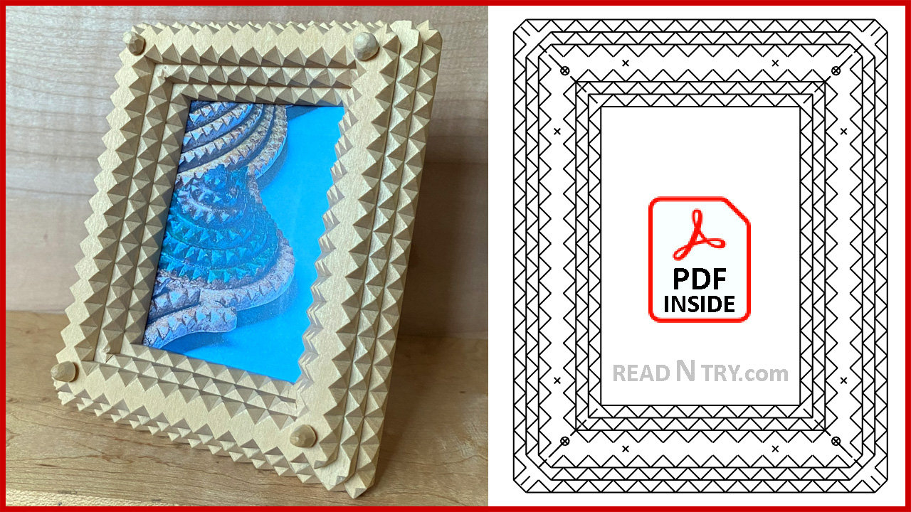 A Tramp Art picture frame with the pattern for making it alongside. It says that the pattern can be downloaded as a PDF file from the READ N TRY website: https://readNtry.com