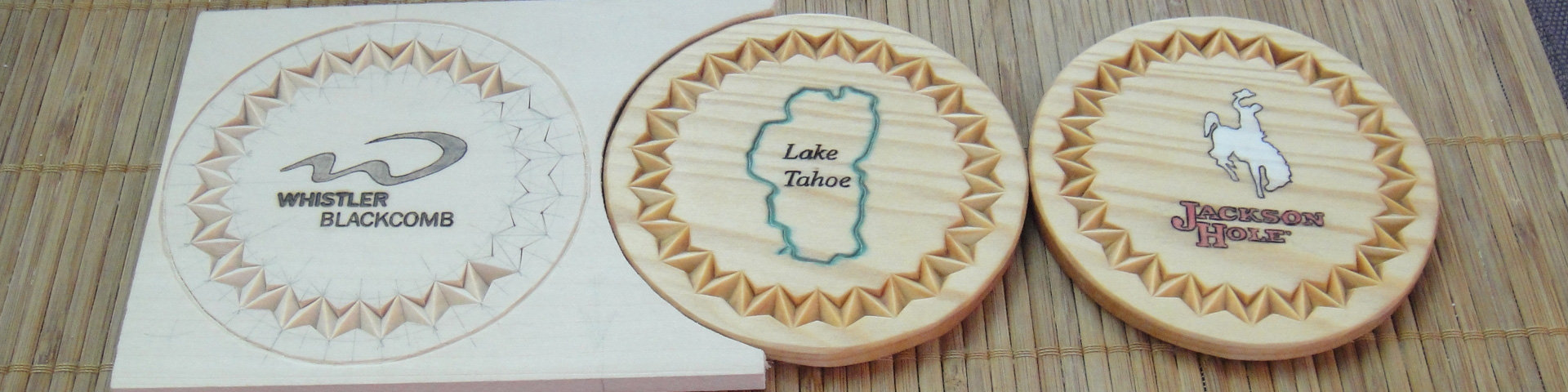 A collage of three coasters: one is a carving in progress, and the other two are carved and finished with oil. All three are adorned with skiing resort emblems.